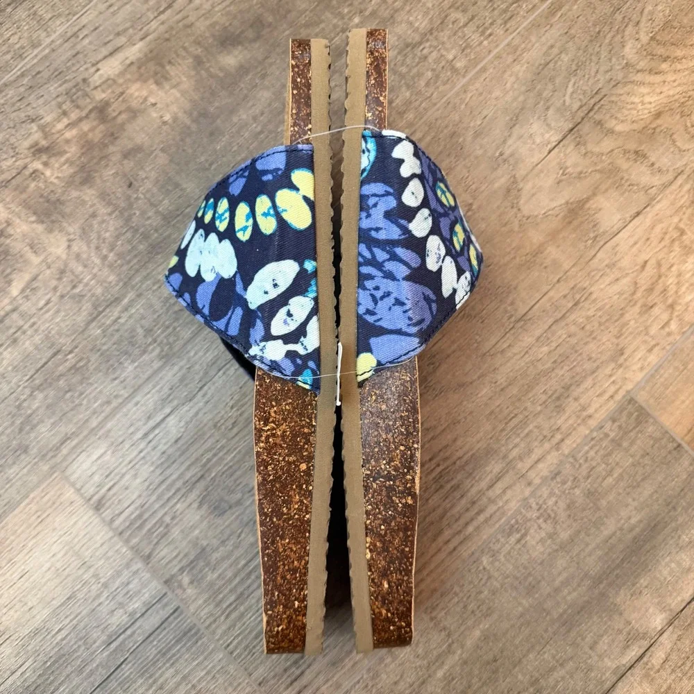 NEW Aerie Womens 10 Floral Buckle Slide Sandals Blue Yellow Cork Beach Coastal